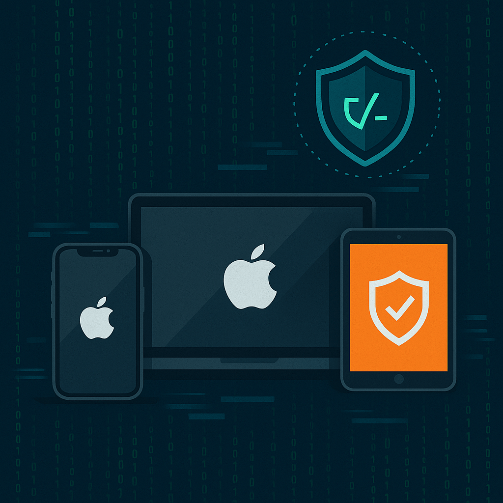 Abstract illustration of password manager clickjacking showing digital devices and shield icons representing stolen credentials