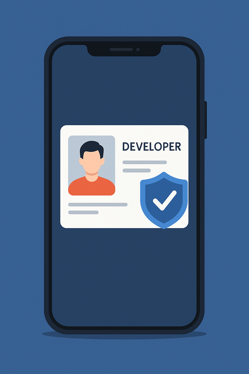 Illustration of a smartphone displaying a generic developer ID card with a checkmark shield, symbolizing verified app developers.