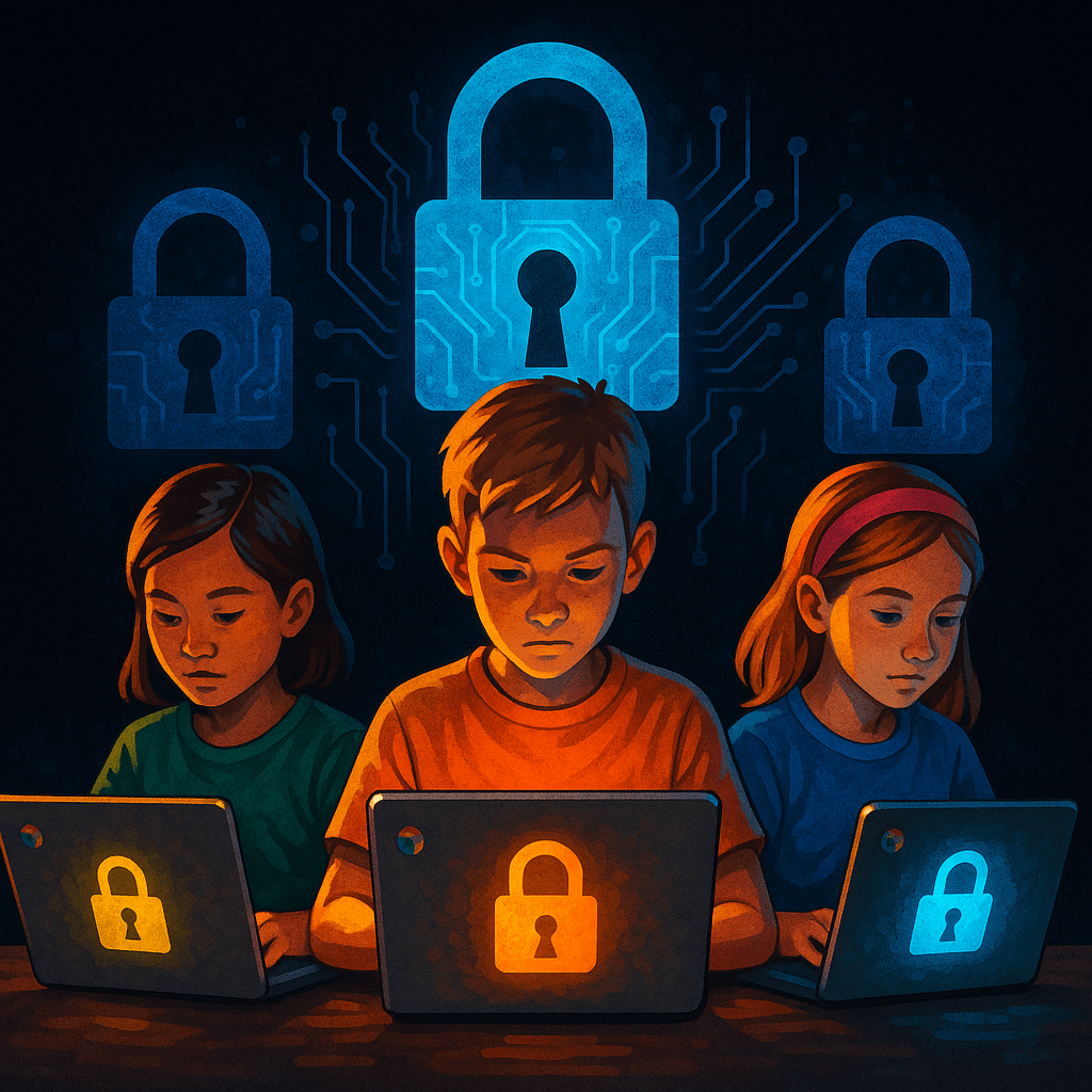 Illustration of children using Chromebooks with padlock icons representing cybersecurity in K-12 schools