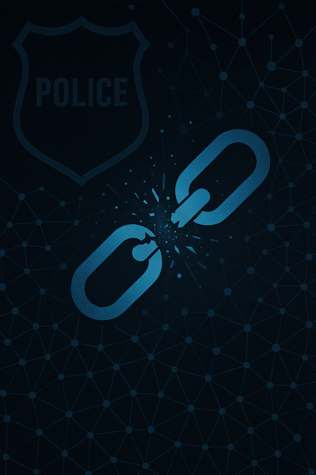 Abstract dark image showing network nodes connected by lines with a broken chain link, symbolizing law enforcement disruption of a malware network