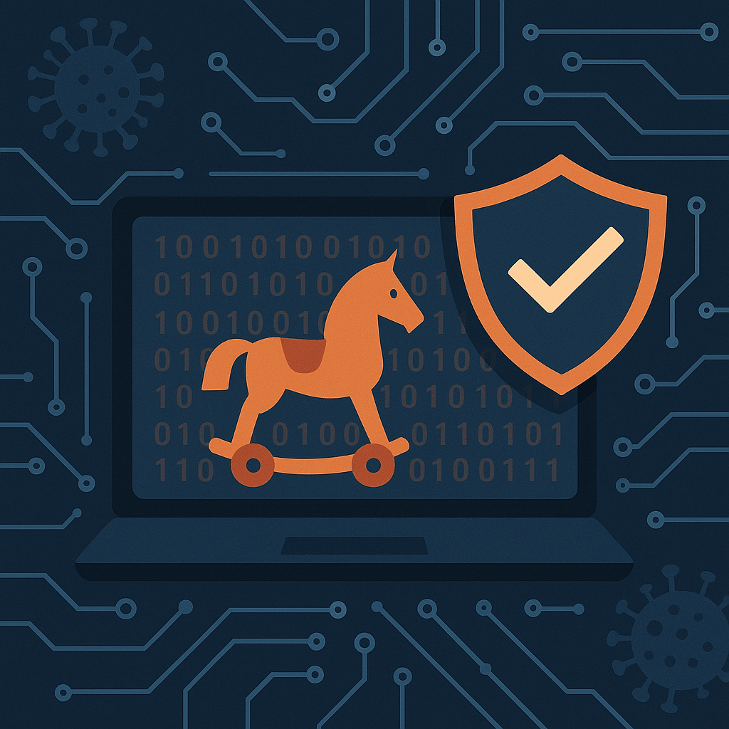 Abstract illustration of a Trojan horse on a computer screen with a security shield, representing abuse of forensic tools for covert attacks.